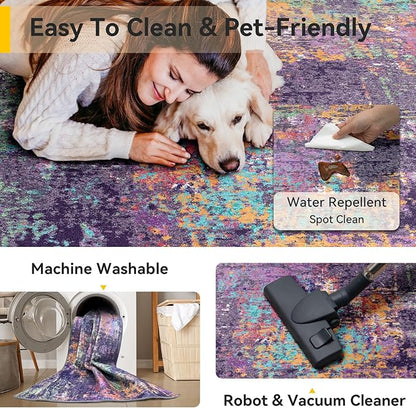 Washable Area Rugs 5'x7' Non-Slip Modern Abstract Soft for Living Room Entryway Bedroom Nursery, Print Pattern, Purple Orange Blue Green Rust Red Colorful