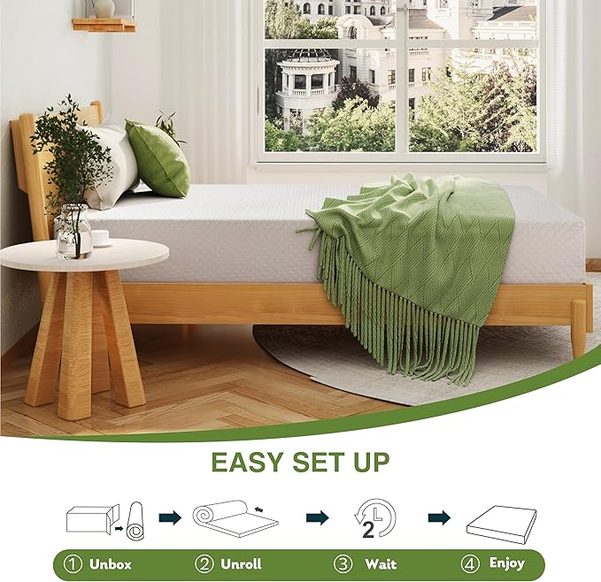 10 Inch Queen Mattress, Memory Foam Mattress in a Box with Cooling Green Tea Gel, Relieve Pressure with Medium Support, CertiPUR-US Certified, 80''L x 60''W, White