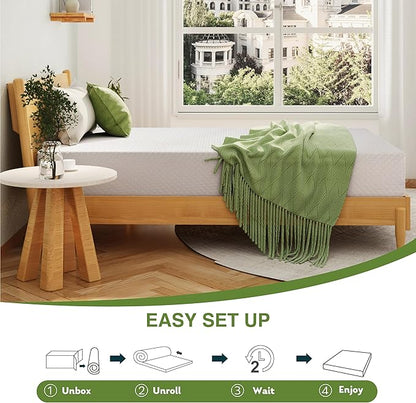 10 Inch Queen Mattress, Memory Foam Mattress in a Box with Cooling Green Tea Gel, Relieve Pressure with Medium Support, CertiPUR-US Certified, 80''L x 60''W, White