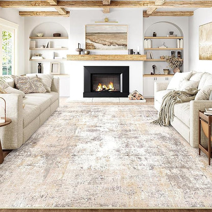 10x12 Washable Area Rug Beige Grey Neutral Abstract Living Room Bedroom Large Throw Rug Non Slip Soft Low Pile Indoor Floor Carpet for Dining Room Kitchen Office Entryway