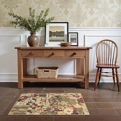 GENIMO Area Rug 2x3 Doormat, Machine Washable Low Pile Rugs, Small Floral Patchwork Retro Chenille Entryway Mat for Entrance, Hallway, Kitchen and Corridor, Auburn Cinnamon