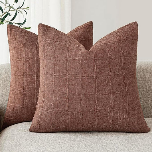 Foindtower Set of 2 Decorative Linen Check Throw Pillow Covers Neutral Farmhouse Vintage Cushion Covers Modern Boho Home Decor for Sofa Chair Couch Bedroom Living Room Outdoor,16×16 Inch,Autumnal Red