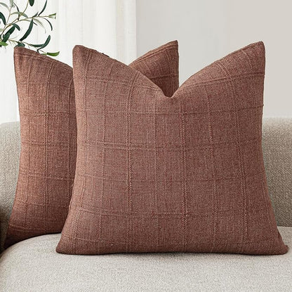 Foindtower Set of 2 Decorative Linen Check Throw Pillow Covers Neutral Farmhouse Vintage Cushion Covers Modern Boho Home Decor for Sofa Chair Couch Bedroom Living Room Outdoor,26×26 Inch,Autumnal Red