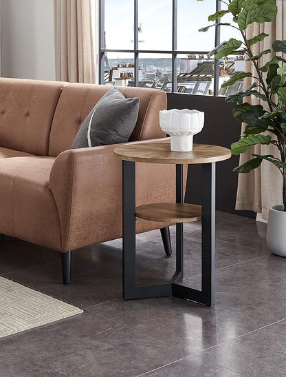 LEEMTORIG Round Side Table, 2-Tier High End Table Nightstand with Metal Legs, Modern Bedside Couch Table for Living Room, Bedroom, Office, Rustic Natural/Black, 19.3 x 19.3 x 24 inches BZ-1338