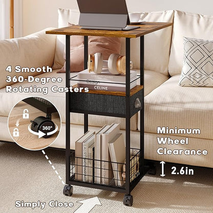 Rolling C-Shaped Side Table with Wheels and Oversized Wood Top, Mobile Overbed Stand with Drawer for Bed or Sofa, Metal Frame Couch Companion for Living Room, Bedroom, or Home Office (Large Desktop)