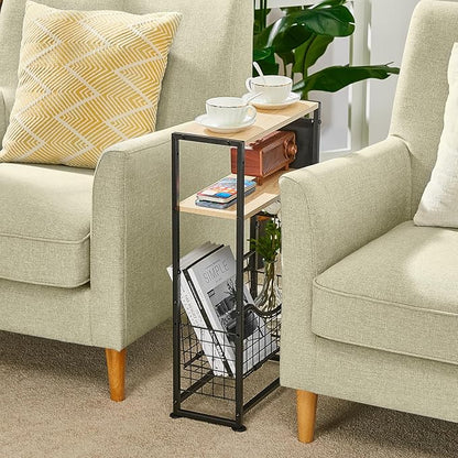 Narrow Side Table, Skinny Small End Tables with Magazine Holder, 3 Tier Small Sofa Side Table for Smalls Spaces, Sofa Couch Tables Bedside Table for Living Room Bedroom Office