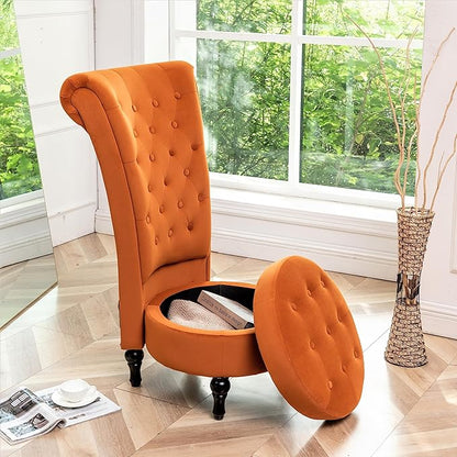 Container Furniture Direct Royal High-Back Velvet Accent Chair for Vanity with Storage and Luxurious Upholstery, Retro Design and Versatile Usage for Livingroom, Bedroom, Lounge and Office, Red Orange