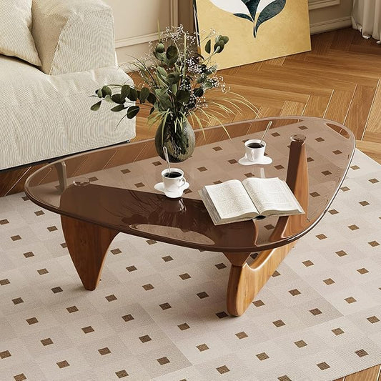 Glass Coffee Table for Living Room Mid Century Modern Triangle Center Table with Wooden Base, Brown/Walnut