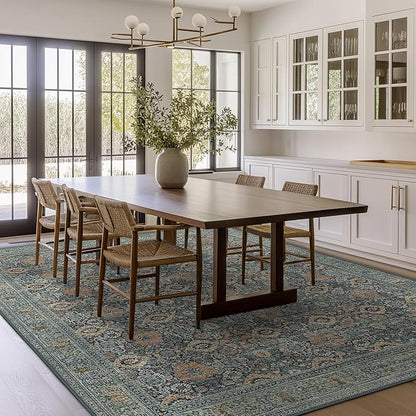 10X14 Area Rugs Machine Washable Rugs for Living Room, Vintage Boho Large Rugs for Bedroom Dining Room, Non Slip Indoor Soft Distressed Lightweight Thin Low Pile Carpet, Beige Blue Grey