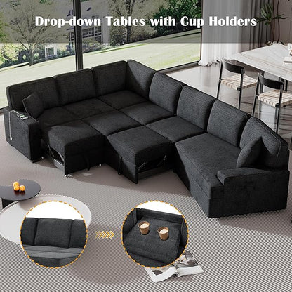 126" Extra Large Pull-Out Sofa Bed with Drop-Down Cup Holder Tables,L-Shaped Sectional Couch W/Charging Device,Convenient Sleeper Furniture Set for LivingRoom Apartment,Beige Chenille