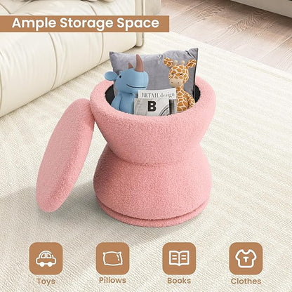 Round Ottoman with Storage, 360° Swivel Boucle Ottoman Vanity Stool, Upholstered Footstool with Storage Removable Lid, Modern Footrest Coffee Table for Living Room, Dorm, Makeup Room, Pink