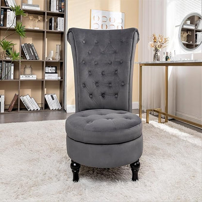 Container Furniture Direct Royal High-Back Velvet Accent Chair for Vanity with Storage and Luxurious Upholstery, Retro Design and Versatile Usage for Livingroom, Bedroom, Lounge and Office, Grey