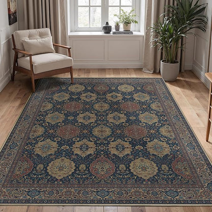 8X10 Area Rugs Machine Washable Rugs for Living Room, Vintage Boho Large Rugs for Bedroom Dining Room, Non Slip Indoor Soft Distressed Lightweight Thin Low Pile Carpet, Navy Tan
