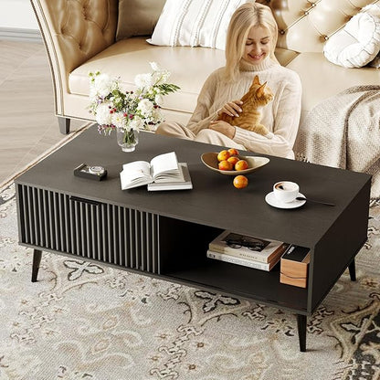 41.34''D Coffee Table, 2-Tiers Farmhouse Coffee Tables With Storage and Sliding Wave Pattern Door, Modren Tea Table, Wooden Dining Center Tables for Living Room, Office, Bedroom, Outdoors, Black
