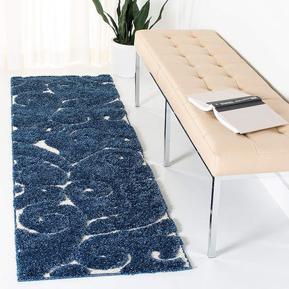 SAFAVIEH Florida Shag Collection Runner Rug - 2'3" x 7', Dark Blue & Cream, Scroll Design, Non-Shedding & Easy Care, 1.2-inch Thick Ideal for High Traffic Areas in Living Room, Bedroom (SG455-6511)