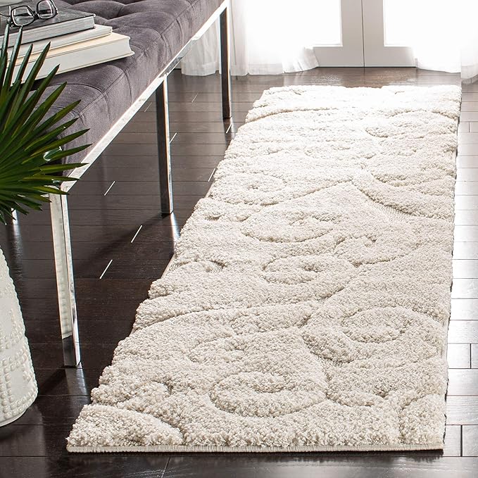 SAFAVIEH Florida Shag Collection Runner Rug - 2'3" x 21', Creme & Creme, Scroll Design, Non-Shedding & Easy Care, 1.2-inch Thick Ideal for High Traffic Areas in Living Room, Bedroom (SG455-1111)