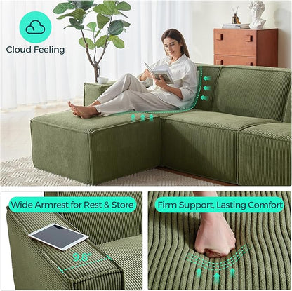 LINSY HOME Modular Sectional Sofa, 134" Boneless Couch L Shaped 4-Seat Sofa with Movable Ottoman, Corduroy Sectional Cloud Couches for Living Room, No Assembly Required, Green