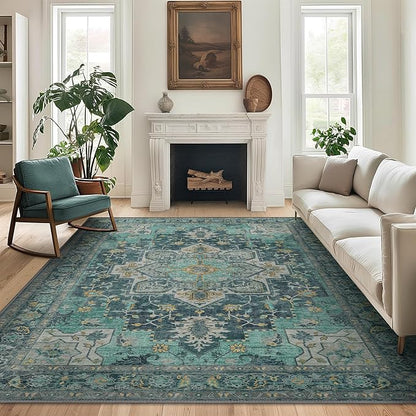 GENIMO 10x14 Area Rugs for Living Room, Machine Washable Non Slip Vintage Rugs, Low Pile Lightweight Chenille Print Rug for Bedroom, Dining Room, Home Office, Dark Green
