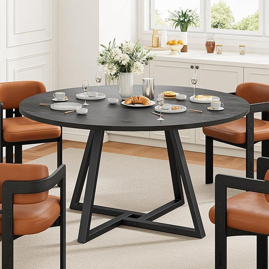 IRONCK 51" Round Dining Table for 6, Wood Kitchen Table with Metal Base, Space Saving Industrial Circle Dinner Table for Kitchen Dining Room, Black
