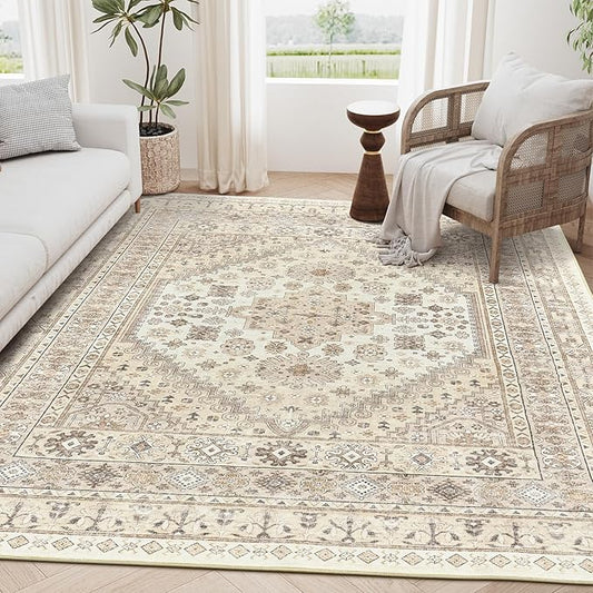 zesthome 4x6 Rug - Stain Resistant Washable Rug, Anti Slip Backing Rugs for Living Room, Foldable Vintage Small Area Rugs (Cream/Beige,4'x6')