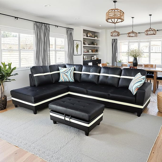 NicBex Sectional Couch 3 Pieces Sofa Set with Right Chaise PU Synthetic Leather L Shaped Cloud Couch for Living Room Furniture Sets with Storage Ottoman, Modular Sofa for Apartment, Black+White