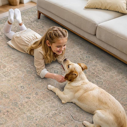 8X10 Area Rugs Machine Washable Rugs for Living Room, Vintage Boho Large Rugs for Bedroom Dining Room, Non Slip Indoor Soft Distressed Lightweight Thin Low Pile Carpet, Soft Sand