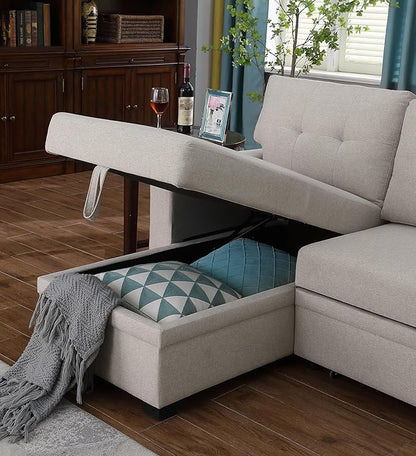 82 Inch Convertible Sleeper Sectional Sofa with Storage Chaise and Pull-Out Bed, Linen Upholstered Reversible Corner Couch, Modular L Shaped Couches for Living Room, Home Furniture, Beige