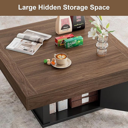 LED Coffee Tables for Living Room, Farmhouse Wood Coffee Table, 33.5" Square Coffee Table with Storage, Large Vintage Brown Center Table, Living Room Tables Cocktail Table (Vintage Brown)