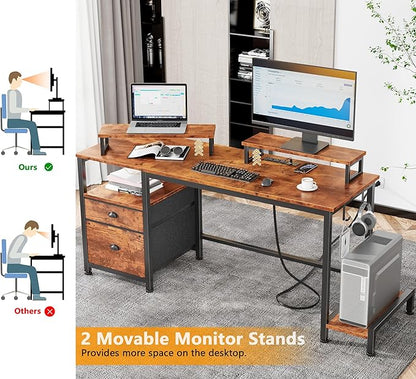 Furologee 55" Computer Desk with File Cabinet and Power Outlets, Home Office Desk with 2 Movable Monitor Stands and Storage Drawer, Writing Table with Shelves and 2 Hooks for Bedroom, Rustic Brown