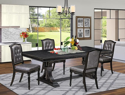 LEMA5-SBB-34-5-Piece Modern Dining Set Consists of a Dining Table and 4 Dark Grey Polyester Fabric Dining Chairs with Button Tufted Back - Sand Blasting Black Finish