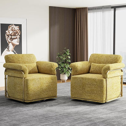 KEIKI Modern Comfy Swivel Accent Reading Chair with Waist Pillows, 360°Square Upholstered Barrel Armchair Single Club Lounge Sofa Chairs for Living Room,Bedroom,Office,Yellow