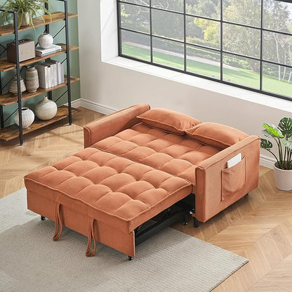 Ball & Cast Convertible Sofa Bed,Loveseat Sleeper Sofa W/Pull-Out Bed,Convertible Pull Out Couch W/2 Pillows,Adjustable Backrest&Side Pocket,Corduroy Futon Couches for Living Room,Apartment,Orange,54"