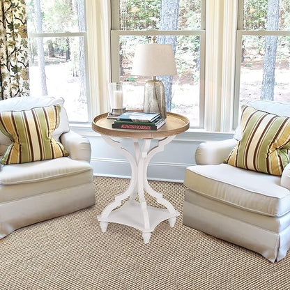 Wnutrees Farmhouse Round Accent End Table, Rustic Side Table Nightstands for Living Room, Wood Tray Top, Handcrafted Finish, White