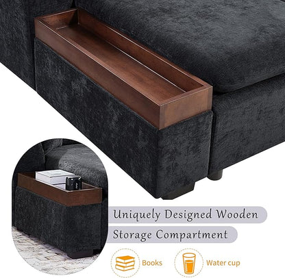 Merax 93.7" L-Shaped Sectional Sofa with Wooden Storage Compartment, Chenille Upholstered Deep Seating Sleeper Couch & Chaise Lounge and Throw Pillows for Living Room, Black