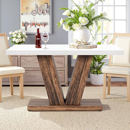 NicBex 47" Dining Table for 4 People, Farmhouse Dinner Table Small Dining Room Tables Rectangular Wooden Kitchen Tables with Heavy Duty Pedestal for Kitchen, Living Room, White & Brown
