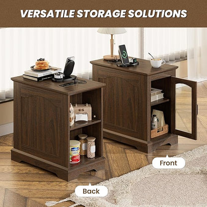 Narrow End Table with Storage, Farmhouse Side Table with Power Outlets & USB Ports, Small Night Stand for Living Room, for Bedroom, Living Room(Glass Door, Walnut)