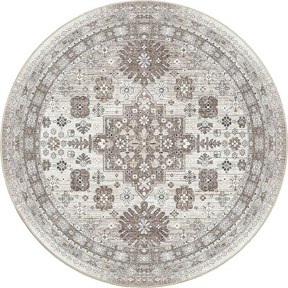 zesthome 8ft Round Rugs for Living Room, Non-Slip Washable Round Area Rugs, Ultra-Thin Large Circle Rugs, Soft Low Pile Rug for Bedroom, Kitchen - Vintage Stain Resistant Round Rug (Brown/Beige,8'x8')