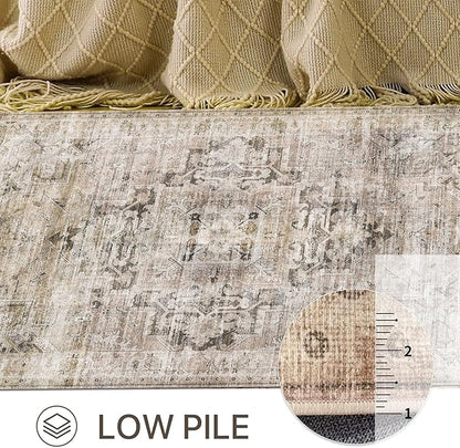 GENIMO 8x10 Area Rugs for Living Room, Machine Washable Non Slip Vintage Rugs, Low Pile Lightweight Chenille Print Rug for Bedroom, Dining Room, Home Office, Brownish Drab