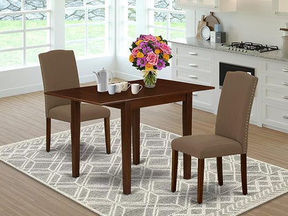 East West Furniture NDEN3-MAH-18 3 Piece Dining Set Contains a Rectangle Dining Room Table with Dropleaf and 2 Dark Coffee Linen Fabric Upholstered Chairs, 30x48 Inch, Mahogany