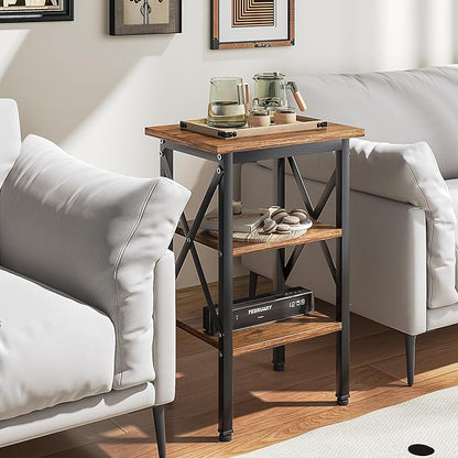 VECELO End Table, Bedside Table, 24" Tall Living Room End Tables, X-Design Reinforced Nightstands, Side Table with 3-Tier Storage Shelves for Small Spaces, Office, Bathroom, Bedroom, Rustic Brown