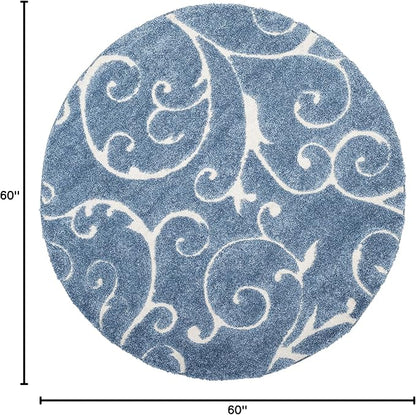 SAFAVIEH Florida Shag Collection 5' Round Light Blue/Cream SG455 Scrolling Vine Graceful Swirl Textured Non-Shedding Living Room Bedroom Dining Room Entryway Plush 1.2-inch Thick Area Rug