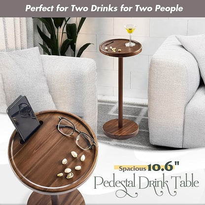 Drink Table, 24.4" Tall Compact Side Table with Phone Slot and Weighted Base, Durable Pedestal Table Accent for Living Room (Flat, Walnut)