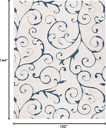 SAFAVIEH Florida Shag Collection Area Rug - 8'6" x 12', Cream & Blue, Scroll Design, Non-Shedding & Easy Care, 1.2-inch Thick Ideal for High Traffic Areas in Living Room, Bedroom (SG455-1165)