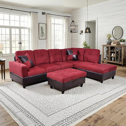 NicBex Sectional Couch 3 Pieces Sofa Set with Left Chaise Flannel PVC L Shaped Cloud Couch for Living Room Furniture Sets with Storage Ottoman, Modular Sofa for Living Room & Apartment, Red+Black