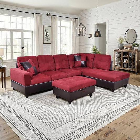 NicBex Sectional Couch 3 Pieces Sofa Set with Left Chaise Flannel PVC L Shaped Cloud Couch for Living Room Furniture Sets with Storage Ottoman, Modular Sofa for Living Room & Apartment, Red+Black