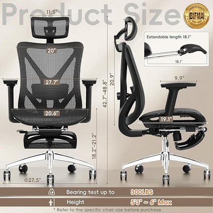 GABRYLLY Ergonomic Office Chair with Adjustable Lumbar Support, 3D Armrests & Headrest, 135° Reclining Chair with Footrest & Large Steel Base,300LBS Swivel Desk Chair(GYMN01)