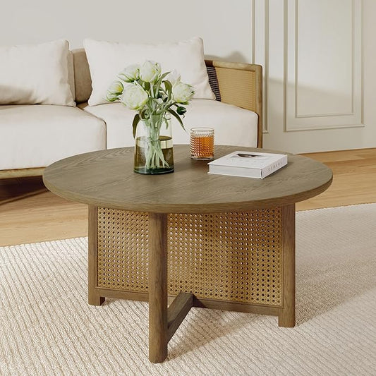 Christopher Knight Home Kiaya Round Coffee Table with PE Woven Design, Wood Coffee Tables for Living Room, Stylish Indoor Round Table, Easy Assembly, Versatile Living Room Furniture, Natural Brown