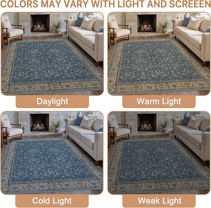 8X10 Area Rugs Machine Washable Rugs for Living Room, Vintage Boho Large Rugs for Bedroom Dining Room, Non Slip Indoor Soft Distressed Lightweight Thin Low Pile Carpet, Indigo