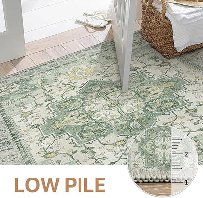 GENIMO 3x5 Area Rugs for Living Room, Machine Washable Non Slip Vintage Rugs, Low Pile Lightweight Chenille Print Rug for Bedroom, Dining Room, Home Office, Green