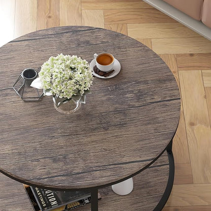 Round Coffee Table, Rustic Wooden Surface Top & Sturdy Metal Legs Industrial Sofa Table for Living Room Modern Design Home Furniture with Storage Open Shelf (Walnut, 27.6 in)